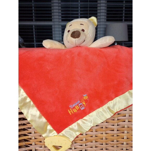 Disney Baby Winnie The Pooh Lovey Security Blanket Red Hunny Honey Satin Trim - Picture 7 of 9